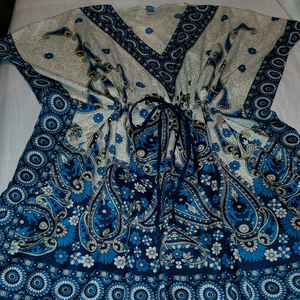 Womens Swim Suit Blue and White Paisley Kaftan Cover Up